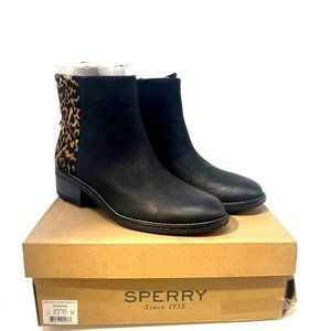 NWT SPERRY MAYA BELLE LEATHER &‎ PONY HAIR ANKLE BOOTS BLACK/TAN MULTI 7M